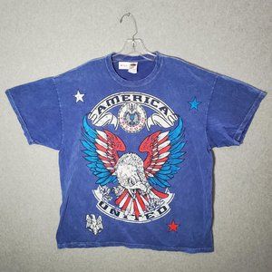 VINTAGE America United Men Shirt 2XL Blue Acid Wash Eagle Graphic Short‎ Sleeve